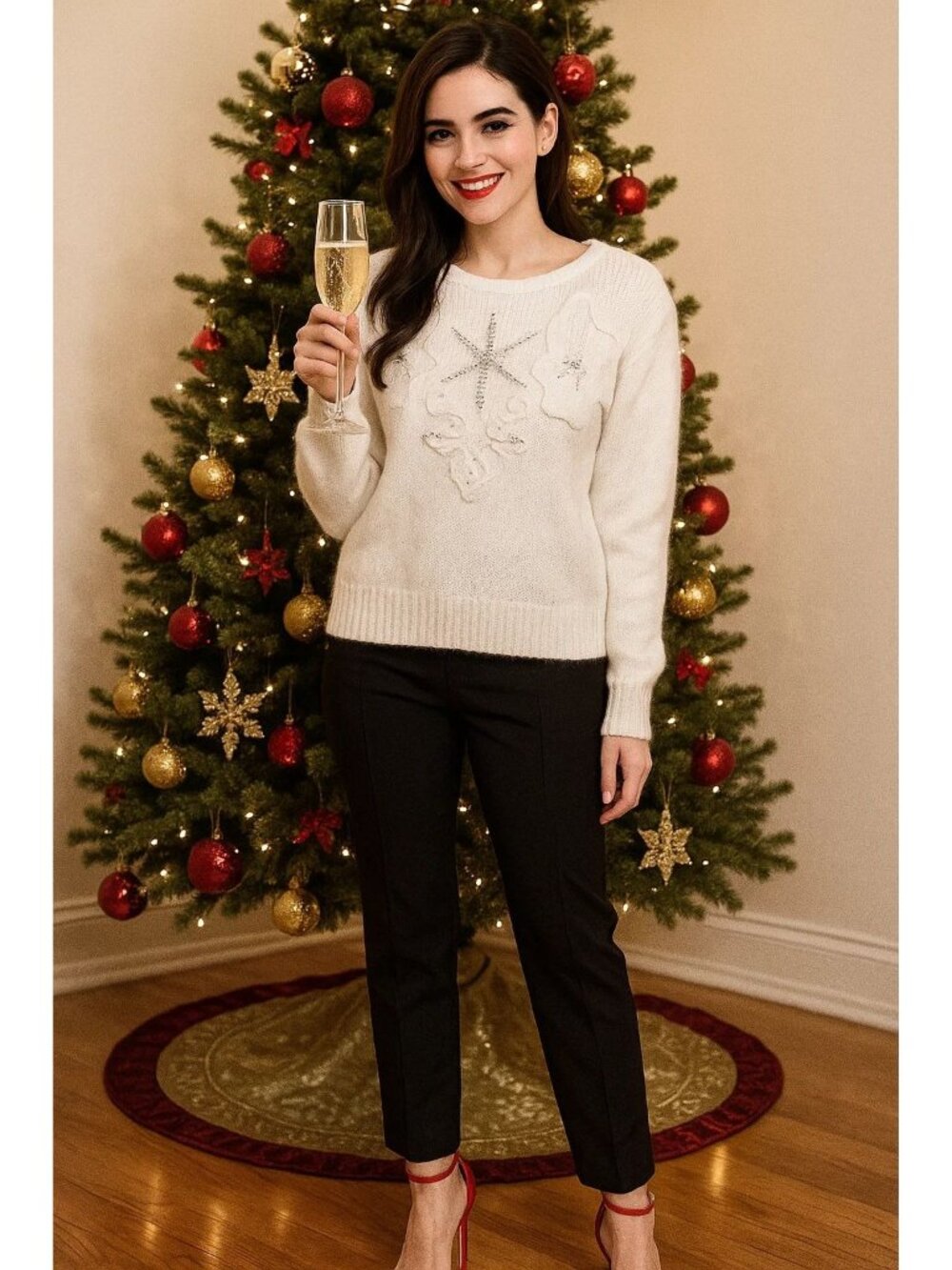 Vintage Andene White Crew Sweater Ugly Christmas Holiday Party Sequin Size Large